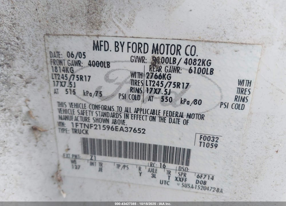2006 FORD F-250 XL/XLT VIN: 1FTNF21596EA37652