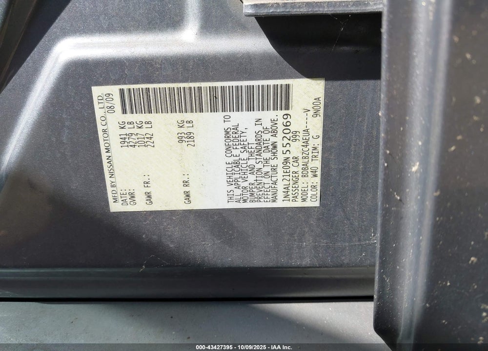 2009 NISSAN ALTIMA VIN: 1N4AL21E09N552069