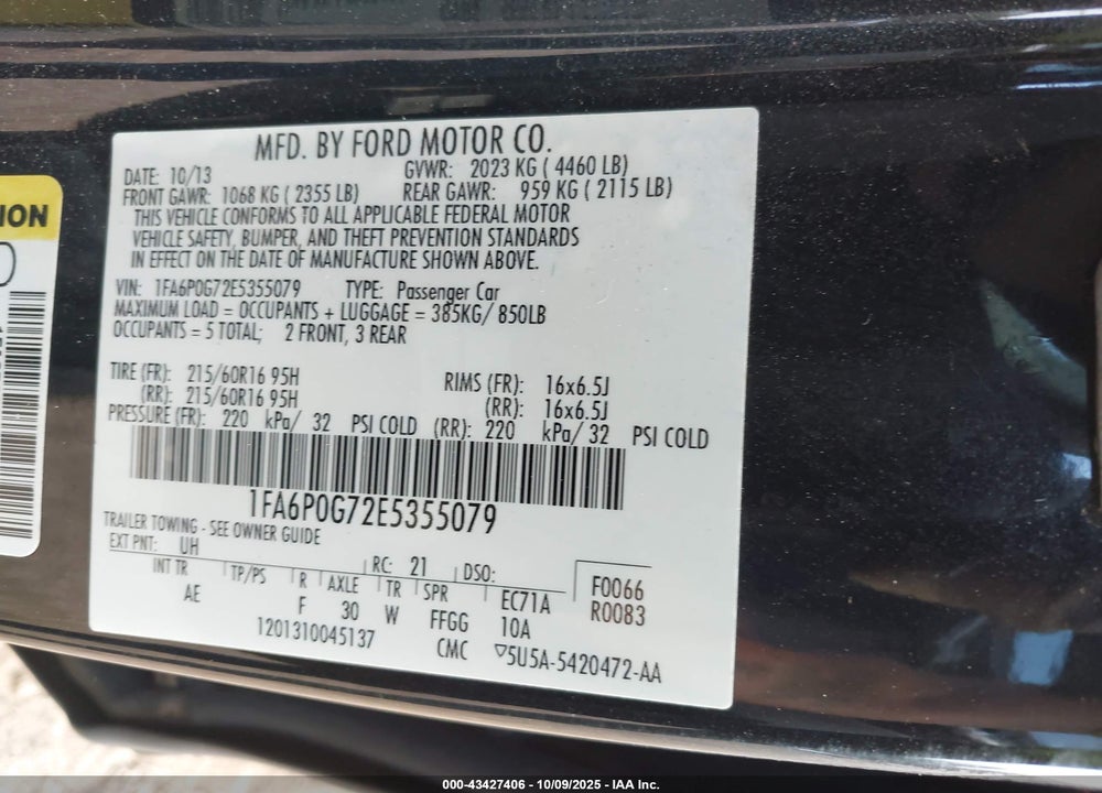 2014 FORD FUSION VIN: 1FA6P0G72E5355079