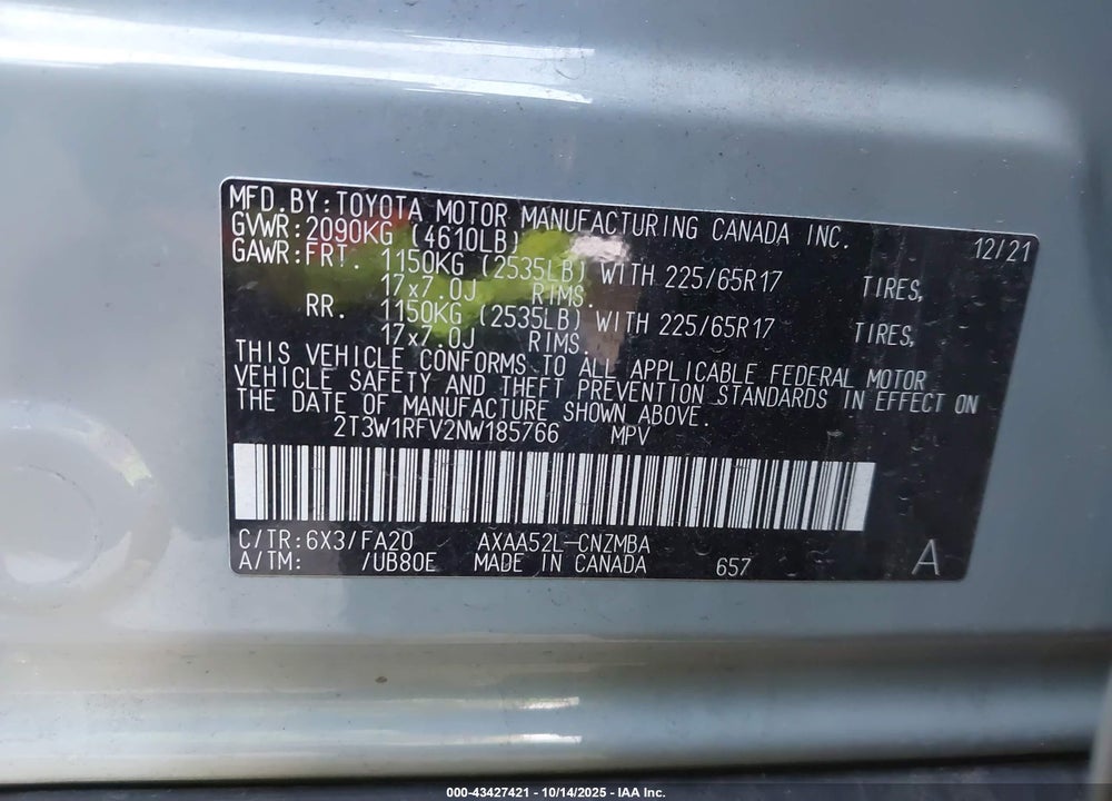 2022 TOYOTA RAV4 VIN: 2T3W1RFV2NW185766