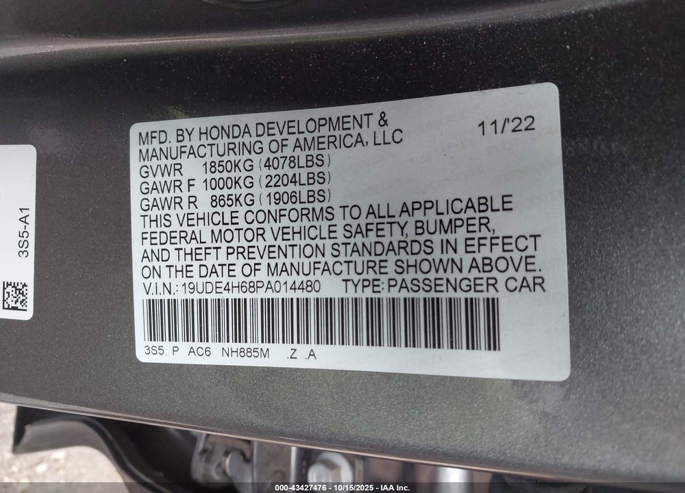 2023 ACURA INTEGRA A-SPEC TECHNOLOGY VIN: 19UDE4H68PA014480