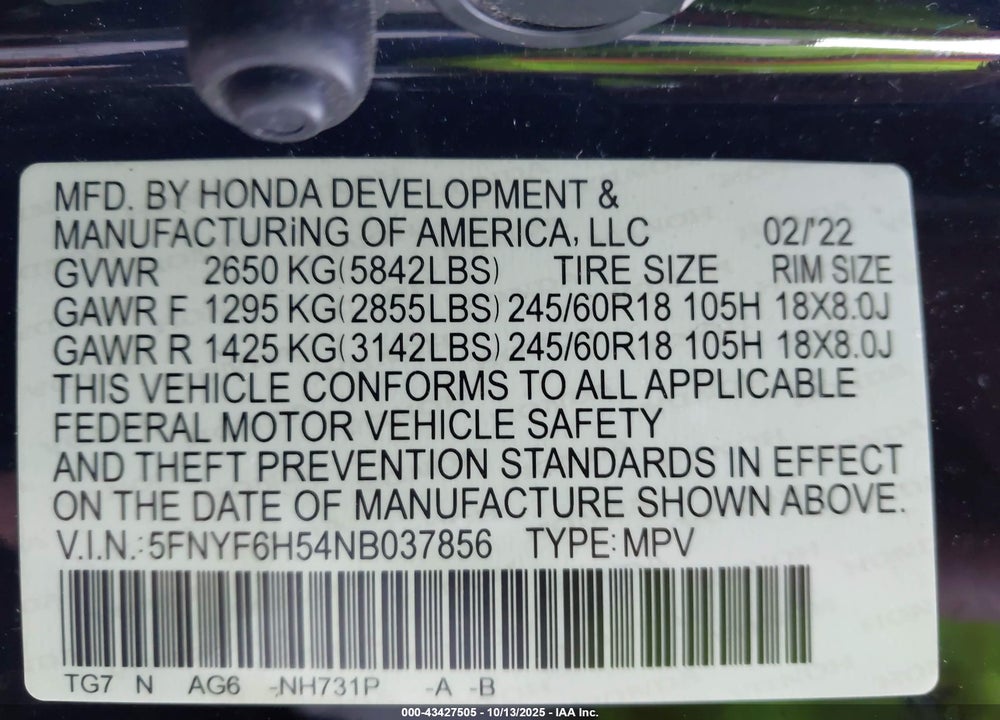 2022 HONDA PILOT VIN: 5FNYF6H54NB037856