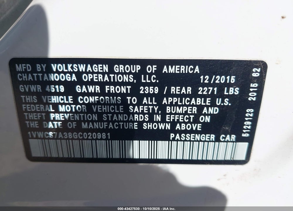 2016 VOLKSWAGEN PASSAT VIN: 1VWCS7A38GC020981