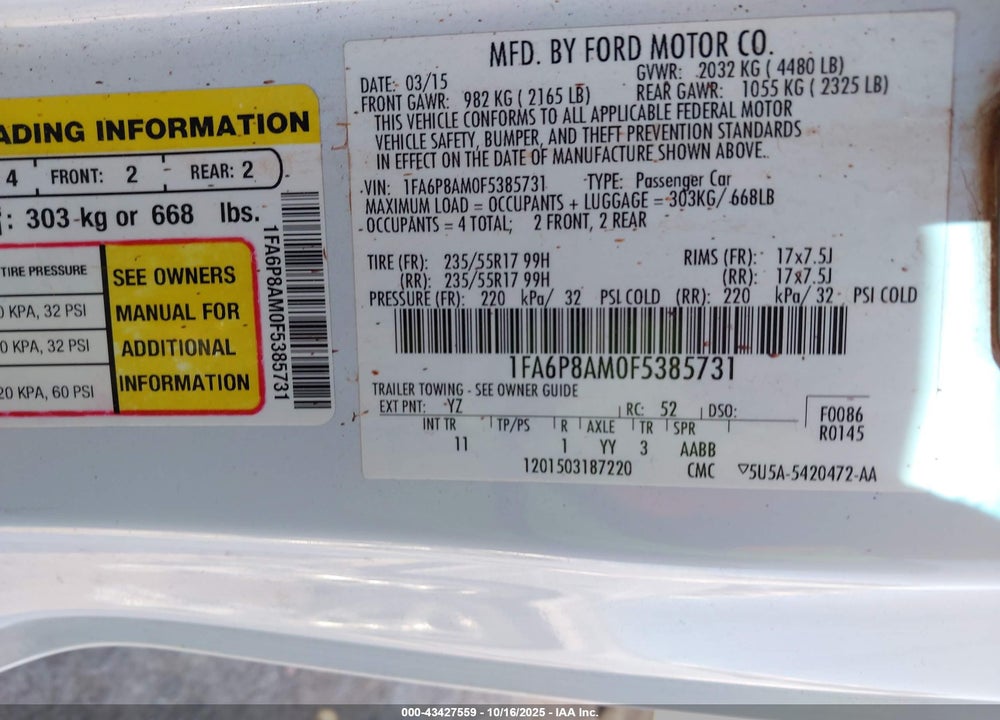 2015 FORD MUSTANG V6 VIN: 1FA6P8AM0F5385731
