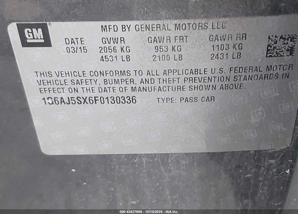 2015 CADILLAC ATS PERFORMANCE VIN: 1G6AJ5SX6F0130336