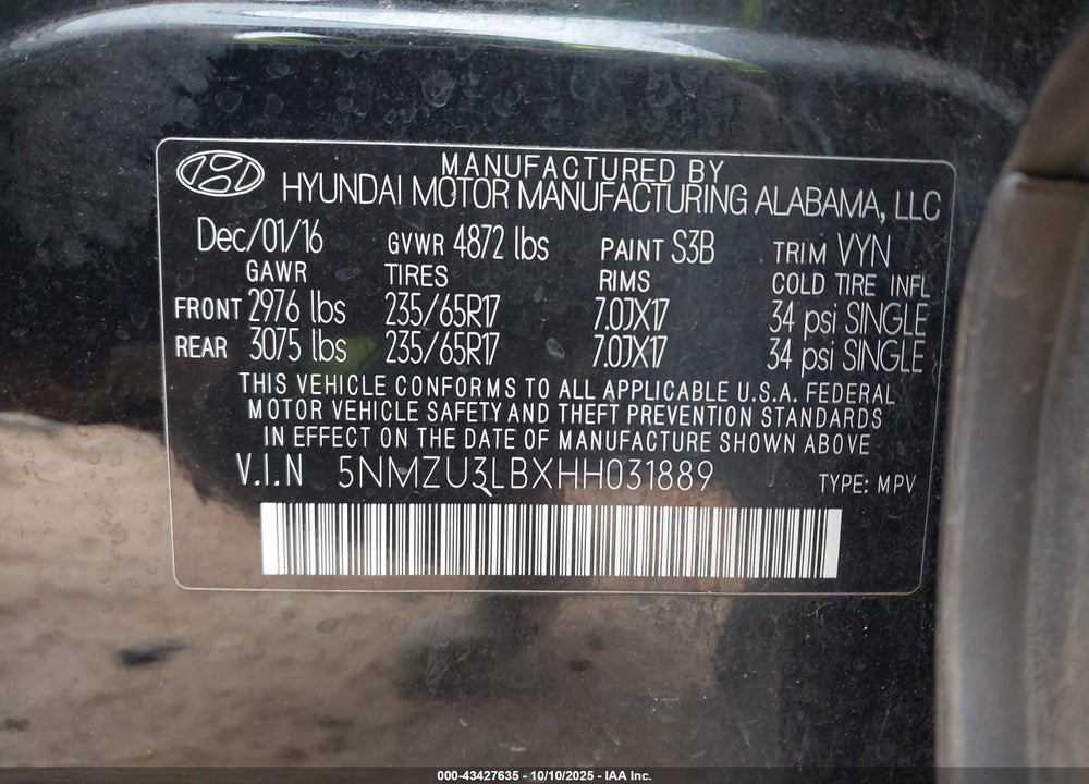 2017 HYUNDAI SANTA FE SPORT 2.4L VIN: 5NMZU3LBXHH031889