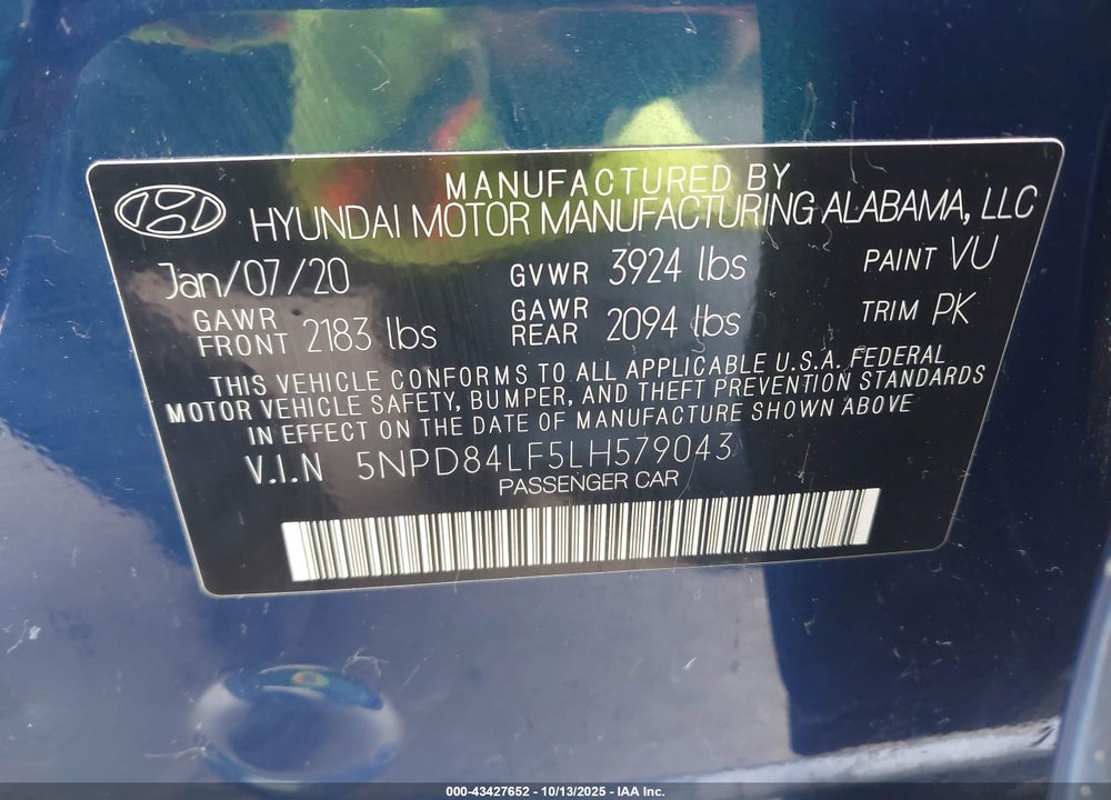 2020 HYUNDAI ELANTRA VIN: 5NPD84LF5LH579043