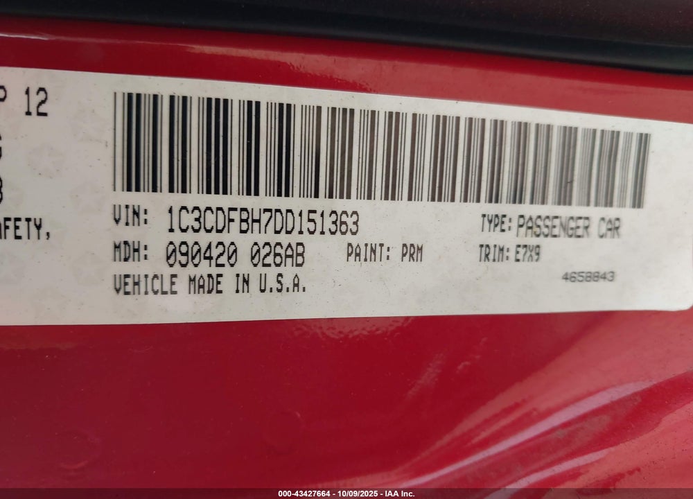 2013 DODGE DART SXT VIN: 1C3CDFBH7DD151363