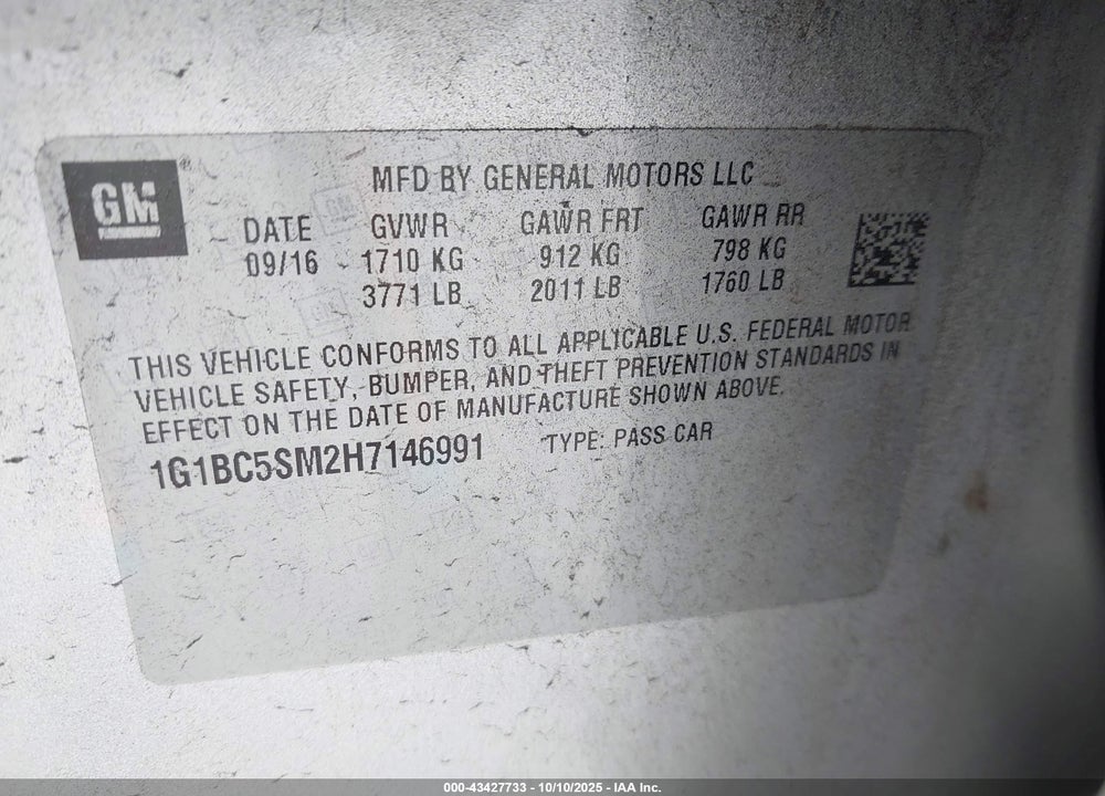 2017 CHEVROLET CRUZE LS AUTO VIN: 1G1BC5SM2H7146991