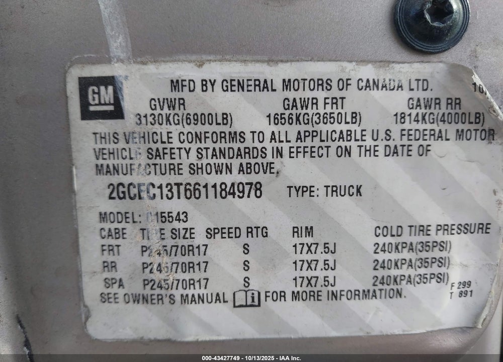 2006 CHEVROLET SILVERADO 1500 LT1 VIN: 2GCEC13T661184978