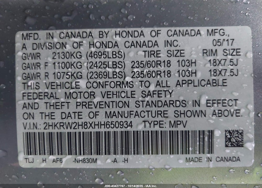 2017 HONDA CR-V VIN: 2HKRW2H8XHH650934