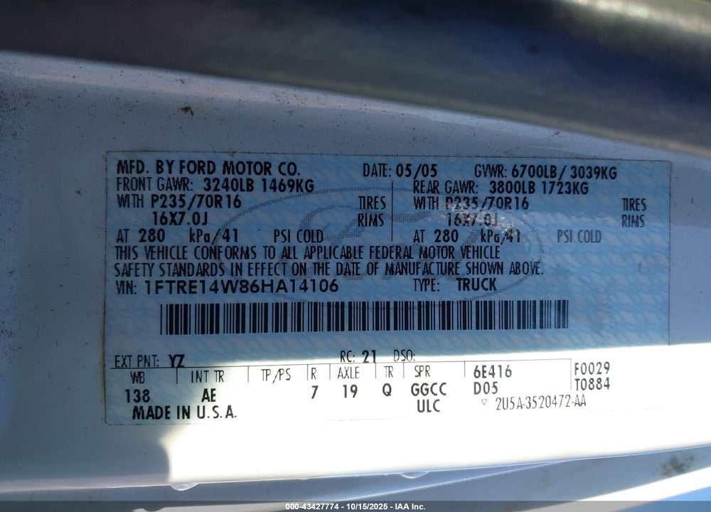 2006 FORD E-150 COMMERCIAL/RECREATIONAL VIN: 1FTRE14W86HA14106