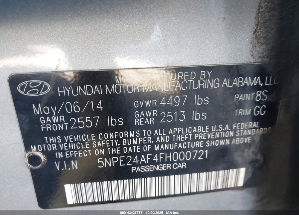 2015 HYUNDAI SONATA SE VIN: 5NPE24AF4FH000721