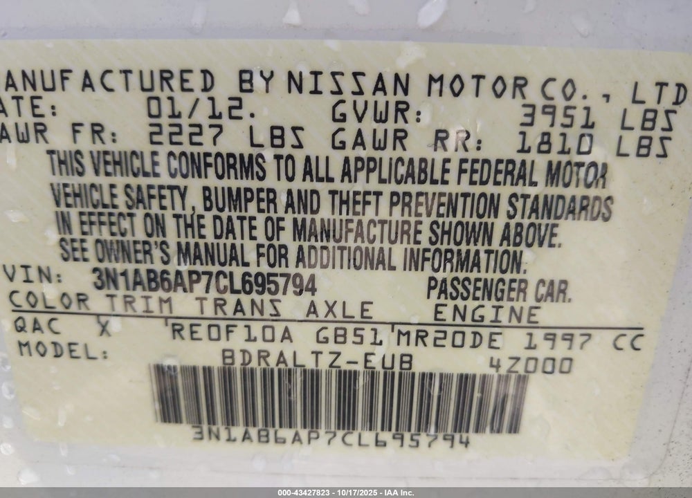 2012 NISSAN SENTRA VIN: 3N1AB6AP7CL695794