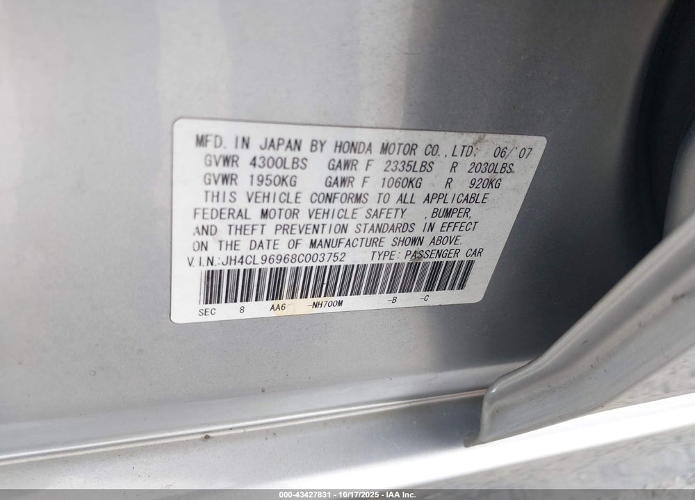 2008 ACURA TSX VIN: JH4CL96968C003752