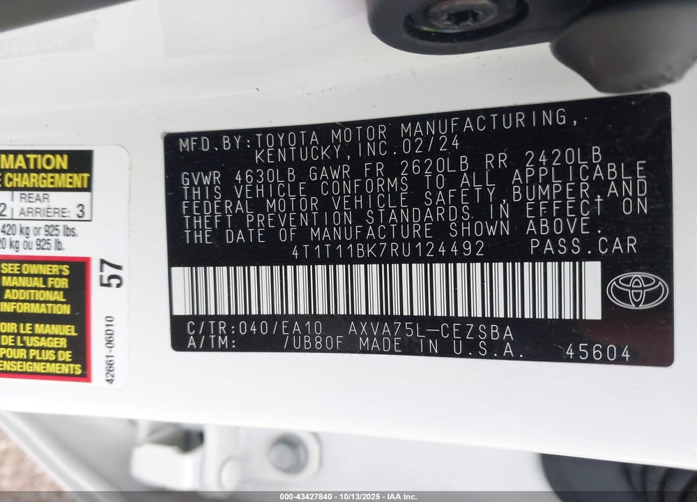 2024 TOYOTA CAMRY SE VIN: 4T1T11BK7RU124492