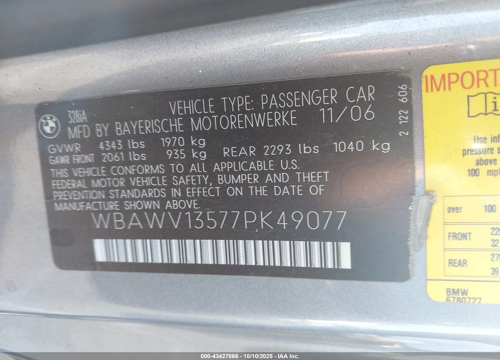 2007 BMW 3 SERIES VIN: WBAWV13577PK49077