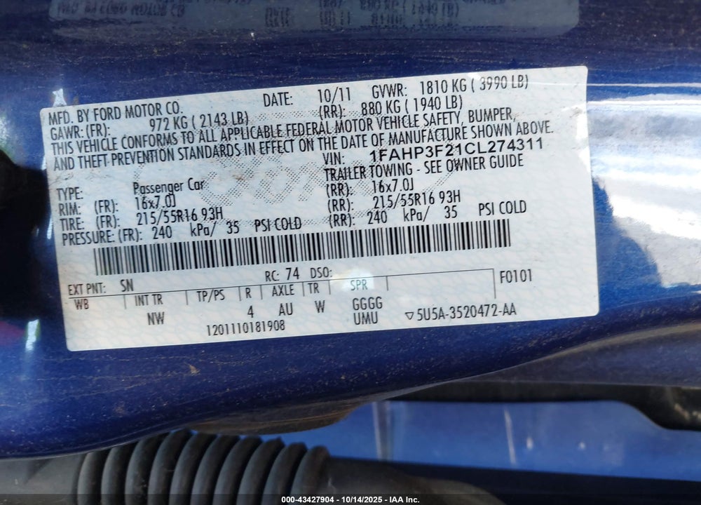 2012 FORD FOCUS VIN: 1FAHP3F21CL274311