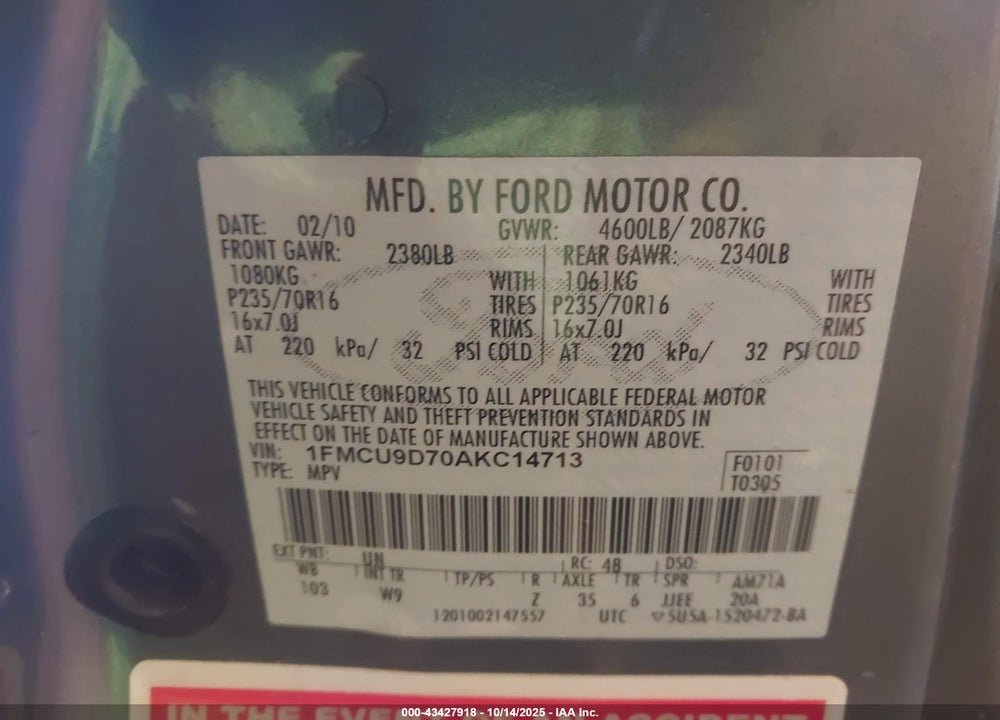 2010 FORD ESCAPE VIN: 1FMCU9D70AKC14713