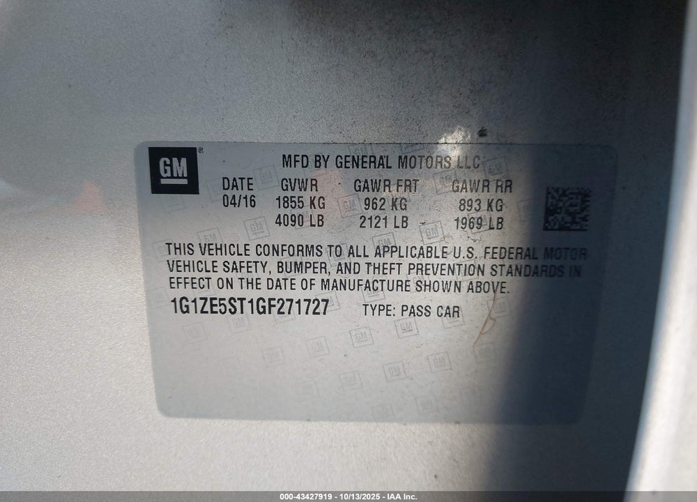 2016 CHEVROLET MALIBU 1LT VIN: 1G1ZE5ST1GF271727