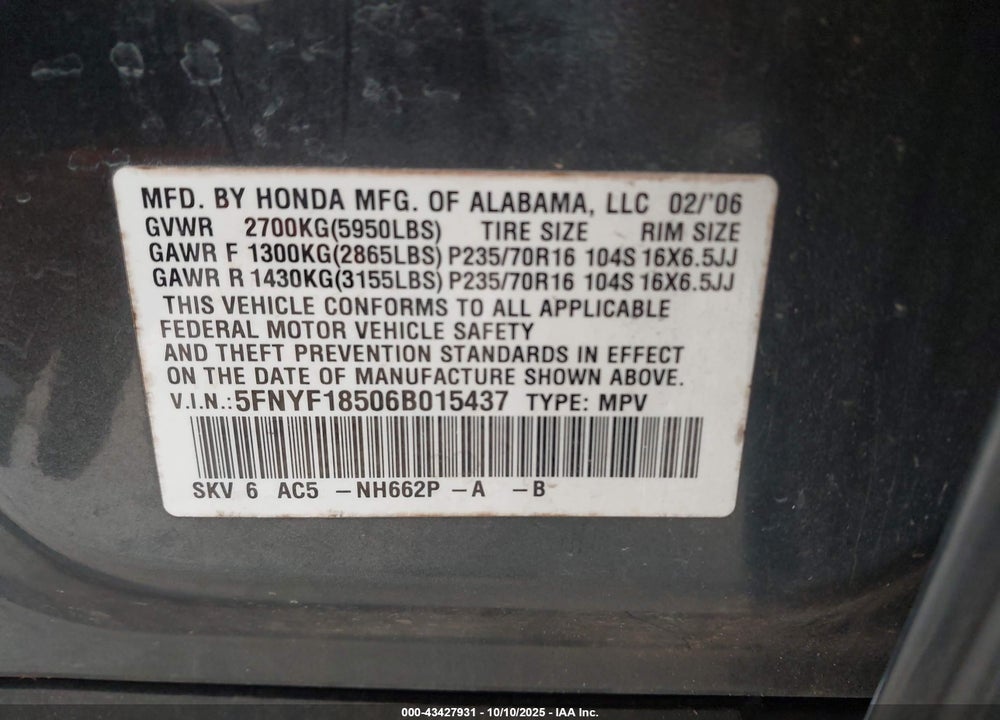 2006 HONDA PILOT VIN: 5FNYF18506B015437