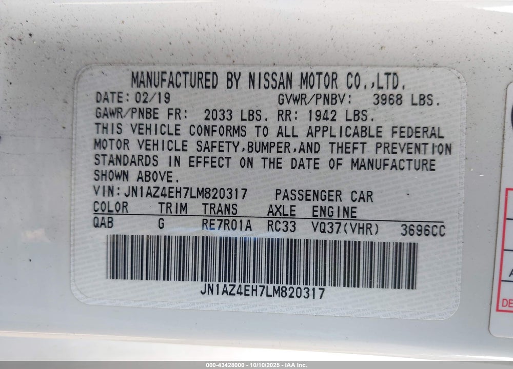 2020 NISSAN 370Z SPORT TOURING 7-SPEED AUTOMATIC VIN: JN1AZ4EH7LM820317