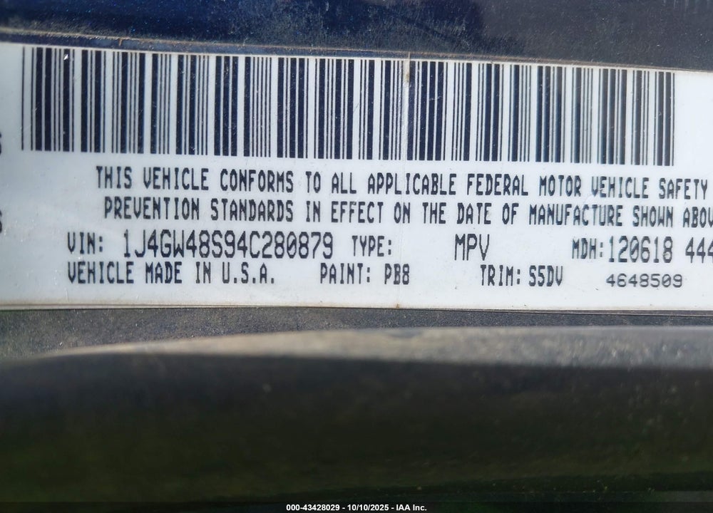 2004 JEEP GRAND CHEROKEE LAREDO VIN: 1J4GW48S94C280879