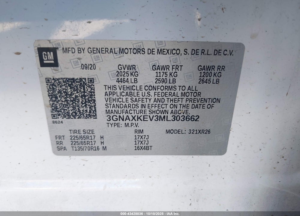 2021 CHEVROLET EQUINOX VIN: 3GNAXKEV3ML303662