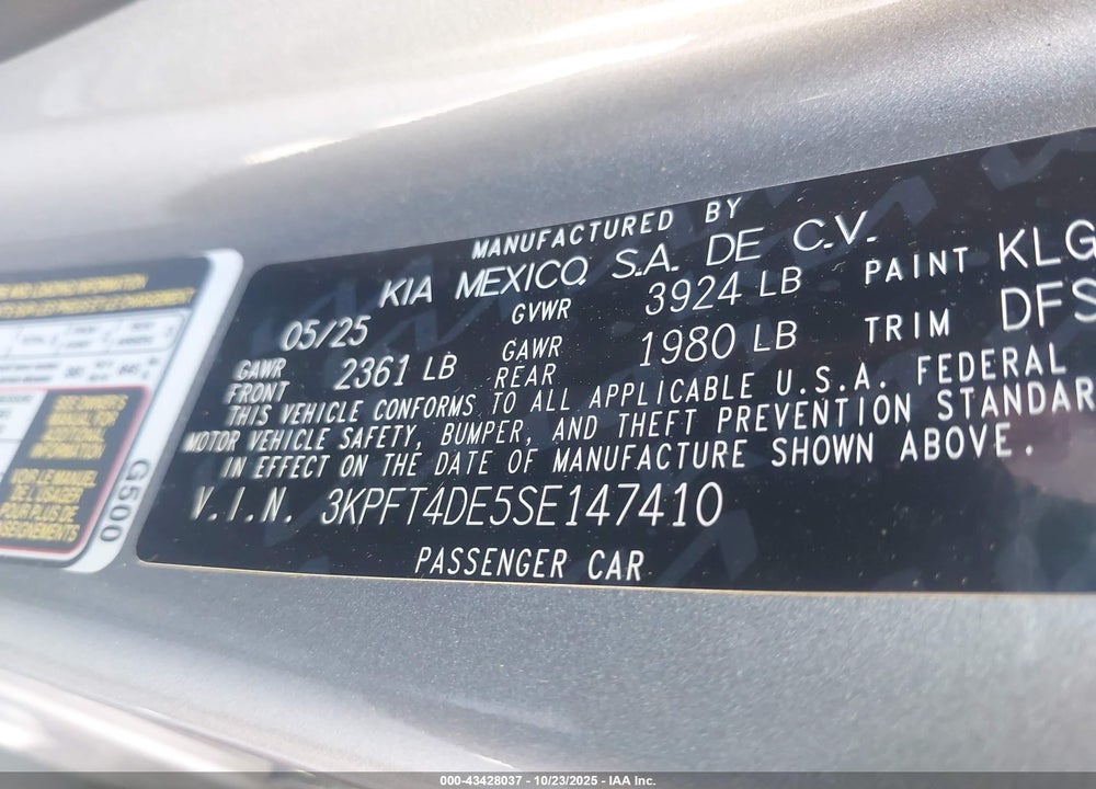2025 KIA K4 LXS VIN: 3KPFT4DE5SE147410