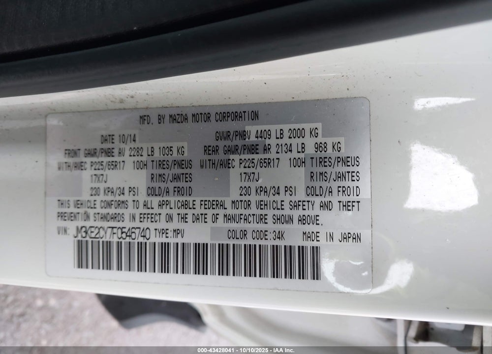2015 MAZDA CX-5 TOURING VIN: JM3KE2CY7F0546740