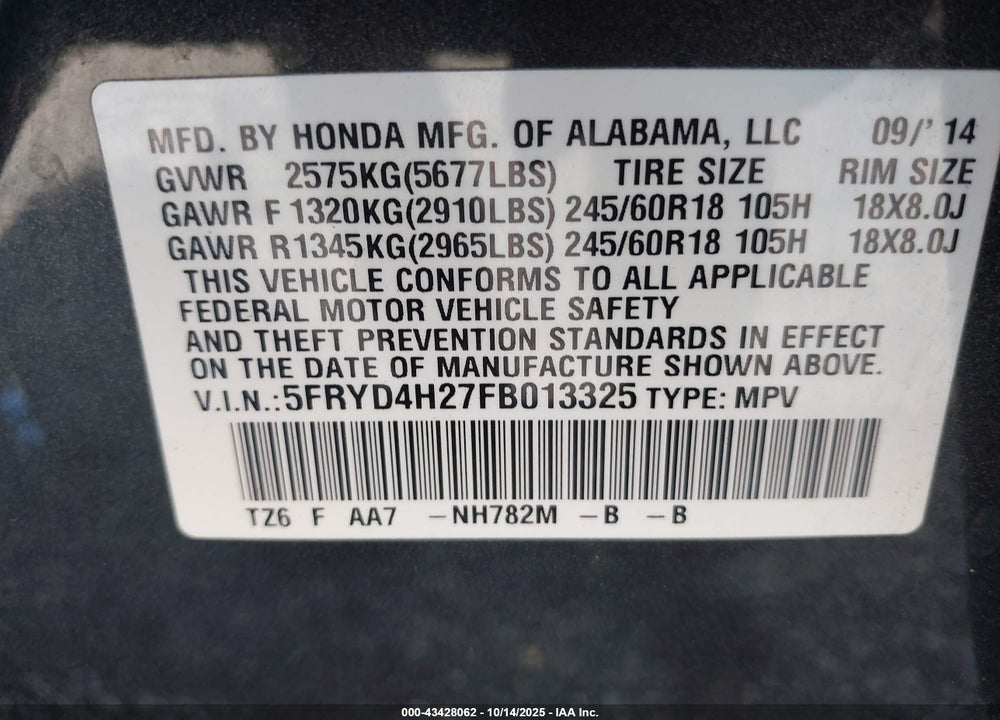 2015 ACURA MDX VIN: 5FRYD4H27FB013325