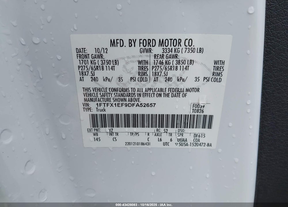 2013 FORD F-150 STX VIN: 1FTFX1EF9DFA52657