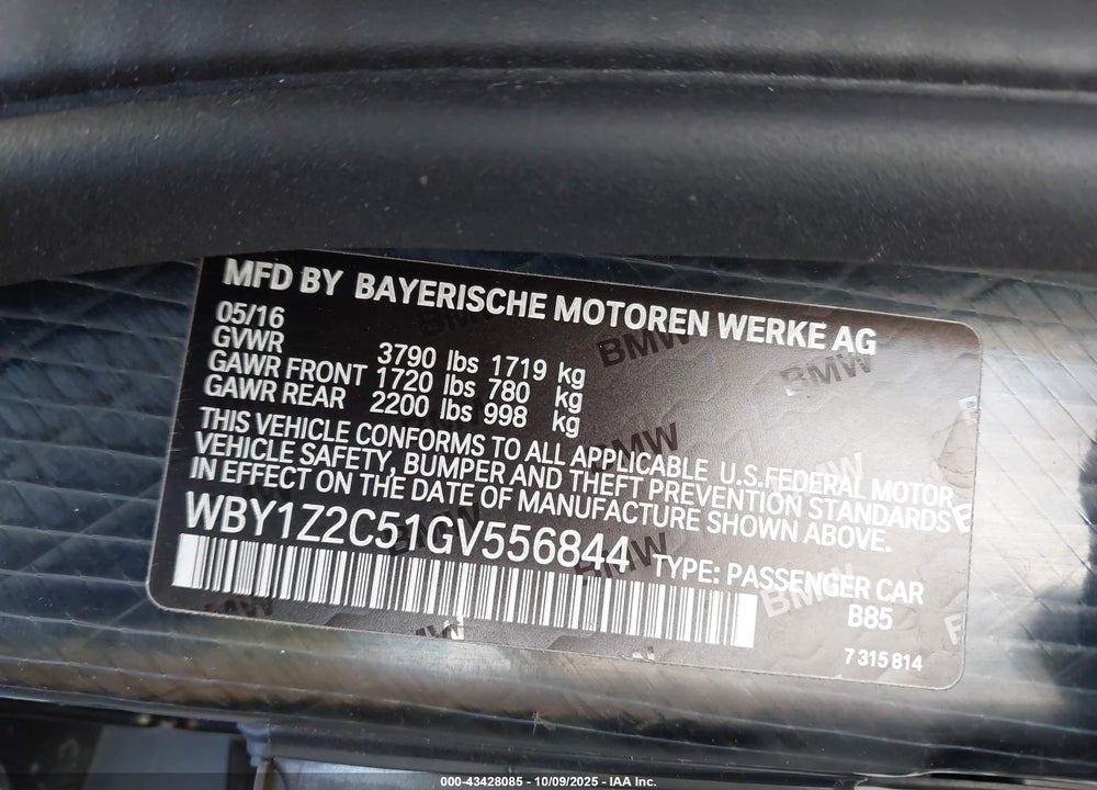 2016 BMW I3 VIN: WBY1Z2C51GV556844