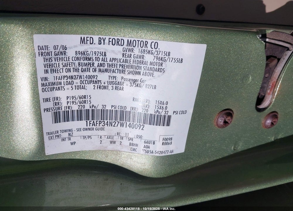2007 FORD FOCUS S/SE/SES VIN: 1FAFP34N27W140092