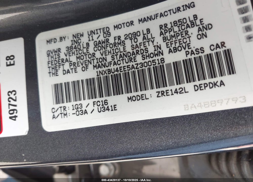 2010 TOYOTA COROLLA LE VIN: 1NXBU4EE5AZ300518