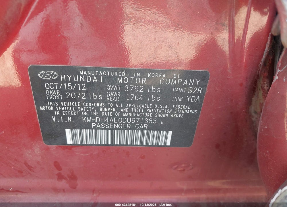 2013 HYUNDAI ELANTRA GLS VIN: KMHDH4AE0DU671383