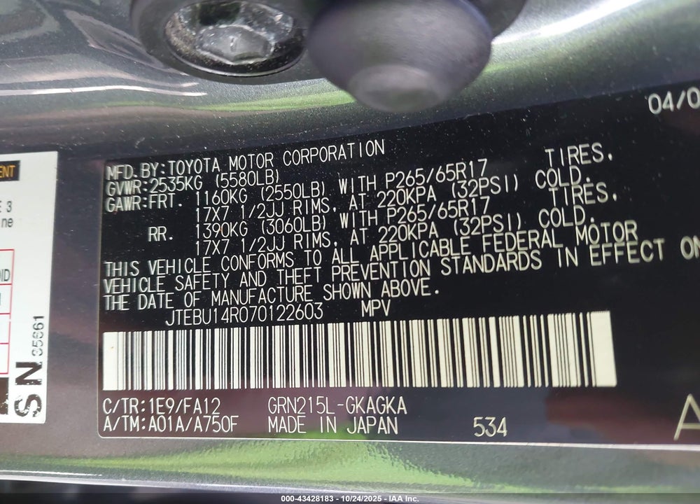 2007 TOYOTA 4RUNNER VIN: JTEBU14R070122603