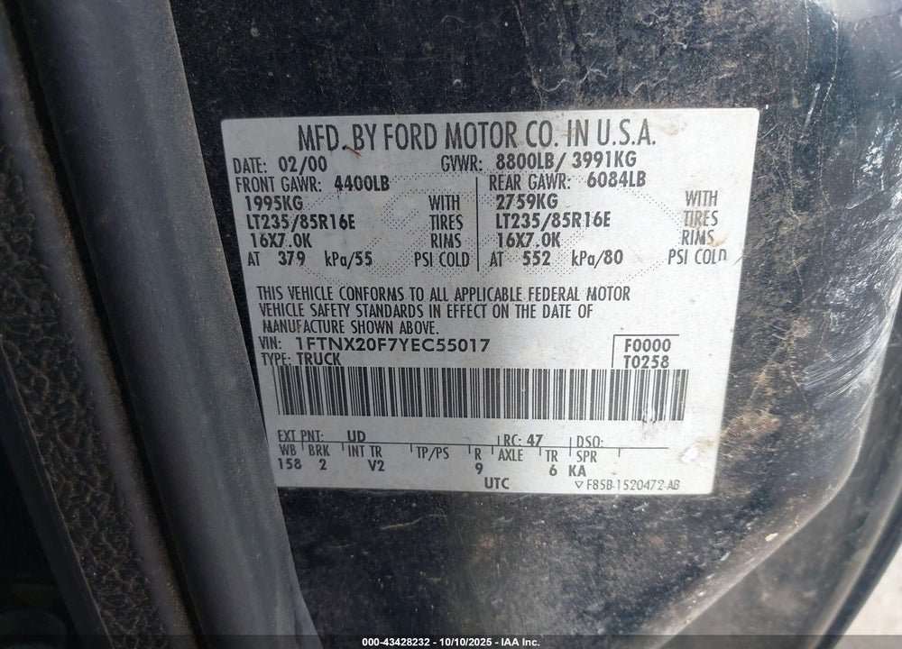 2000 FORD F-250 LARIAT/XL/XLT VIN: 1FTNX20F7YEC55017
