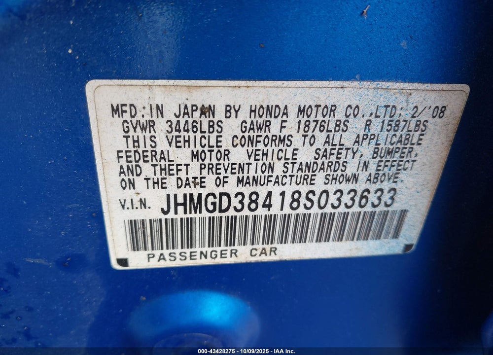 2008 HONDA FIT VIN: JHMGD38418S033633
