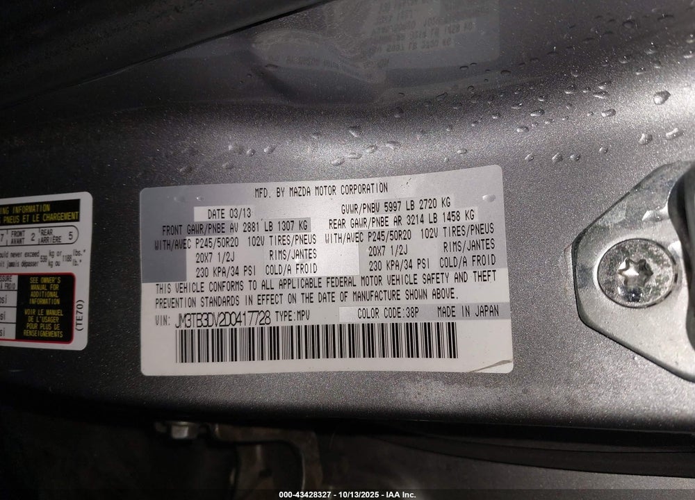 2013 MAZDA CX-9 GRAND TOURING VIN: JM3TB3DV2D0417728