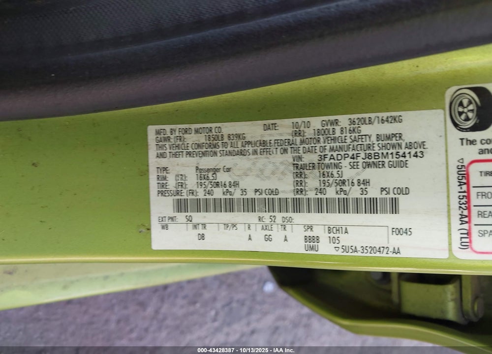 2011 FORD FIESTA VIN: 3FADP4FJ8BM154143