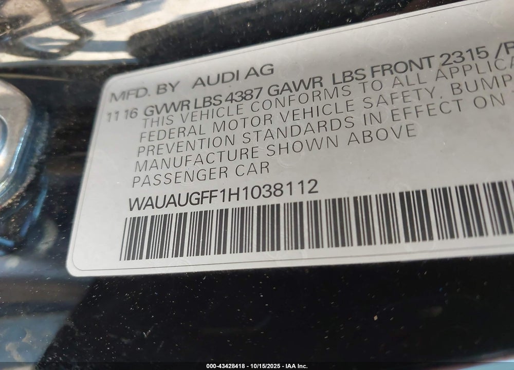 2017 AUDI A3 2.0T PREMIUM VIN: WAUAUGFF1H1038112