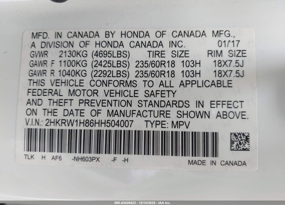 2017 HONDA CR-V EX-L/EX-L NAVI VIN: 2HKRW1H86HH504007