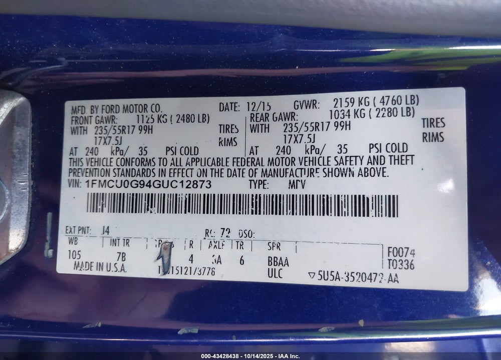 2016 FORD ESCAPE VIN: 1FMCU0G94GUC12873