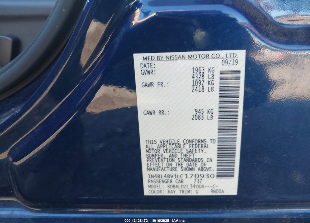 2020 NISSAN ALTIMA VIN: 1N4BL4BV3LC170930