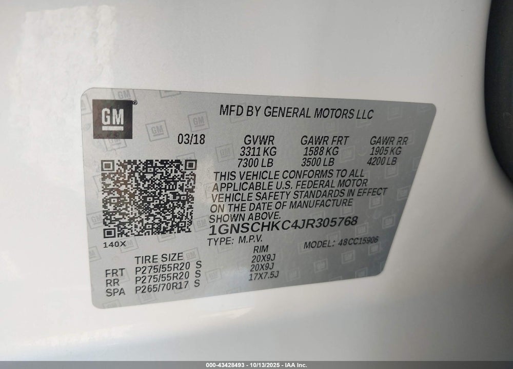 2018 CHEVROLET SUBURBAN LT VIN: 1GNSCHKC4JR305768