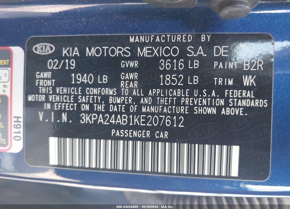 2019 KIA RIO VIN: 3KPA24AB1KE207612