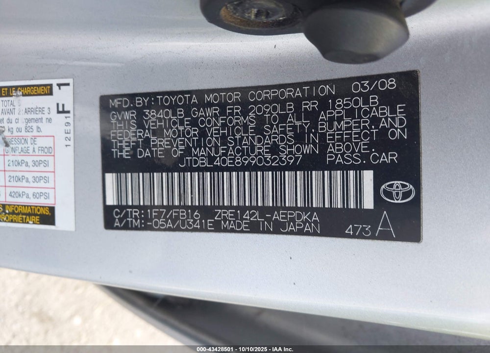 2009 TOYOTA COROLLA VIN: JTDBL40E899032397