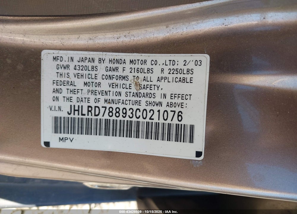 2003 HONDA CR-V EX VIN: JHLRD78893C021076