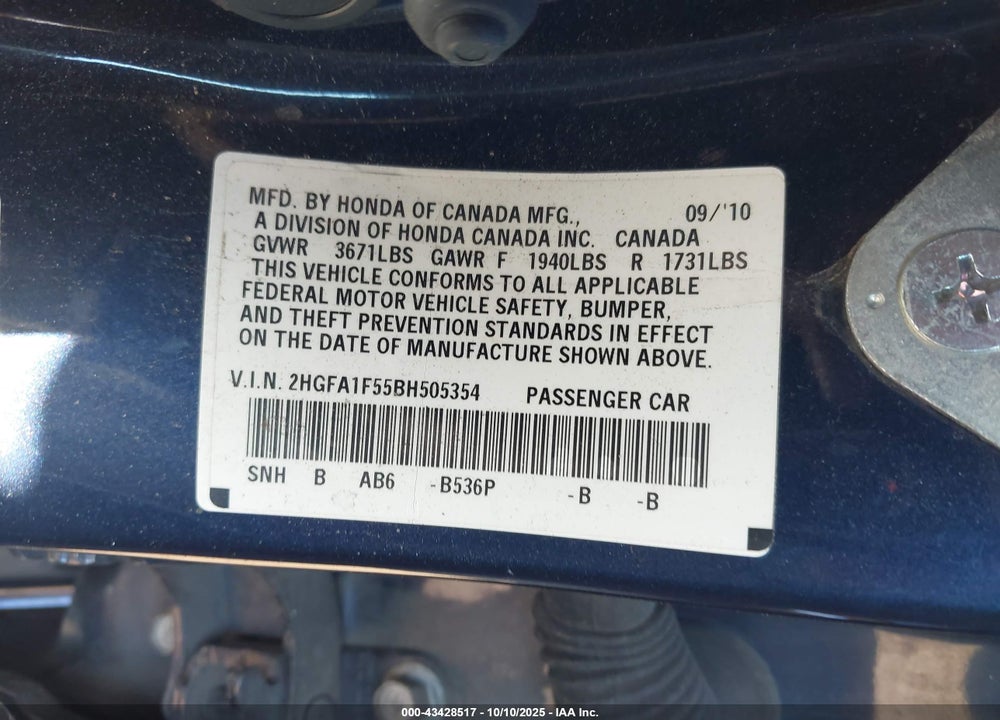 2011 HONDA CIVIC LX VIN: 2HGFA1F55BH505354